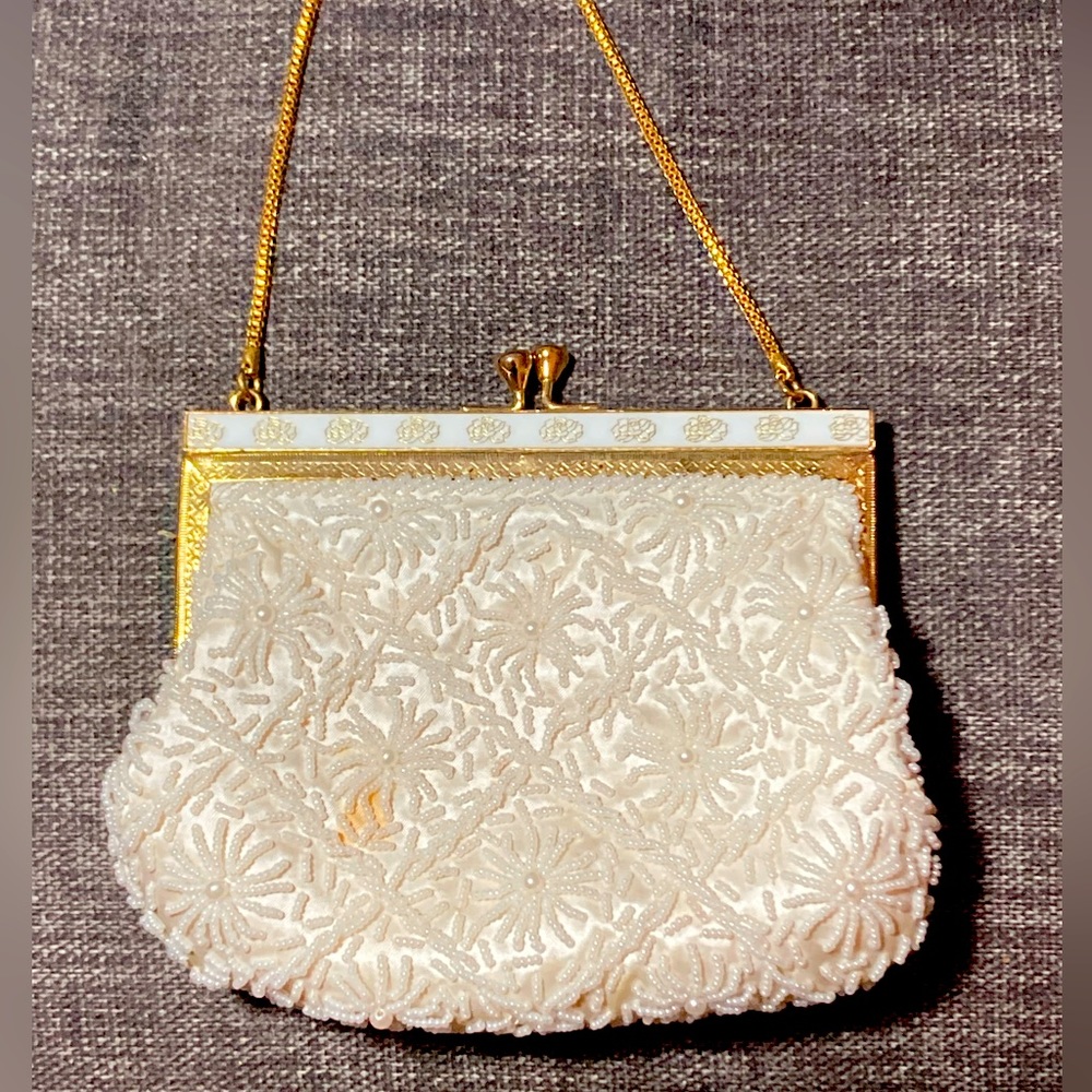 Off white beaded evening clutch purse